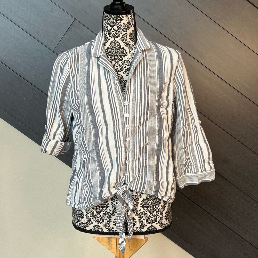 A. Byer L Women's 3/4 Sleeve Cuffed Linen Striped Button Up Tie Waist BOHO